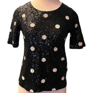 J. Crew Sequin Polka Dot Short Sleeve Cotton Tee Shirt Top XS Black White Retro